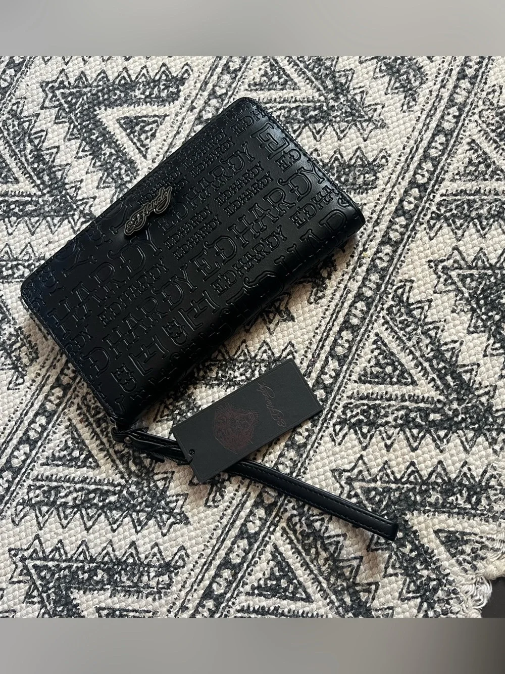 Ed Hardy Black Embossed Logo Zip Wallet with Tag